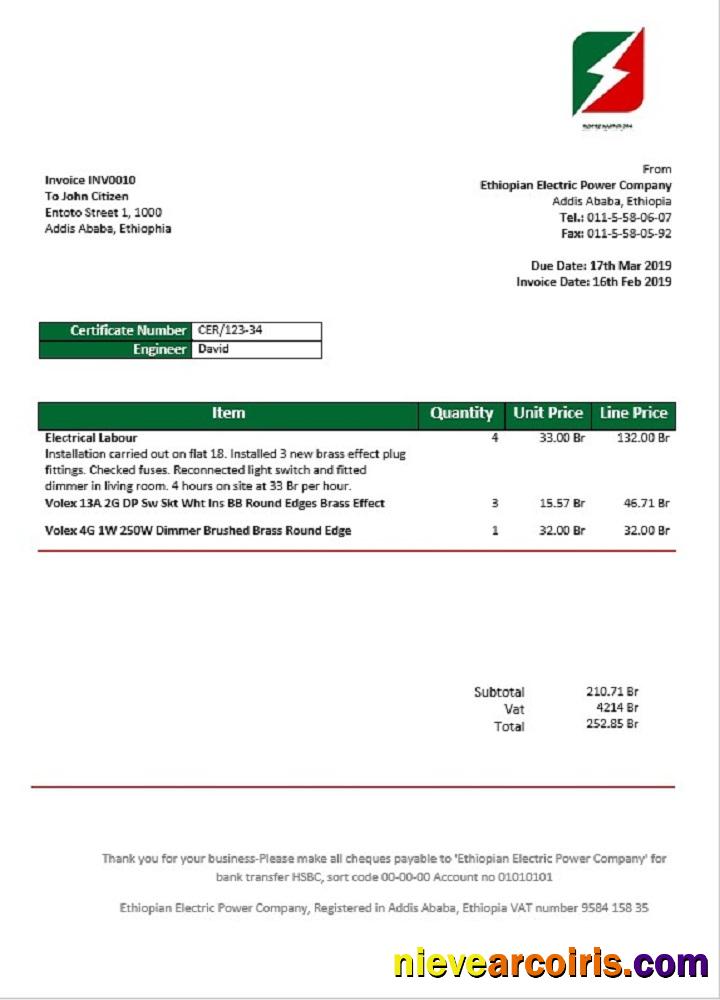 Ethiopia Ethiopian Electric Power Company electricity utility bill